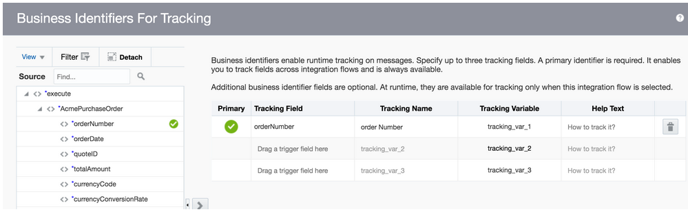 The Business Identifiers For Tracking dialog is shown. In the upper left are the View, Filter, and Detach elements. Below this is the Source section, the Find field, and the Search icon. The orderNumber identifier is selected. On the right side is a table with columns for Primary, Tracking Field, Tracking Name, Tracking Variable, and Help Text. The orderNumber identifier is the only identifier listed.