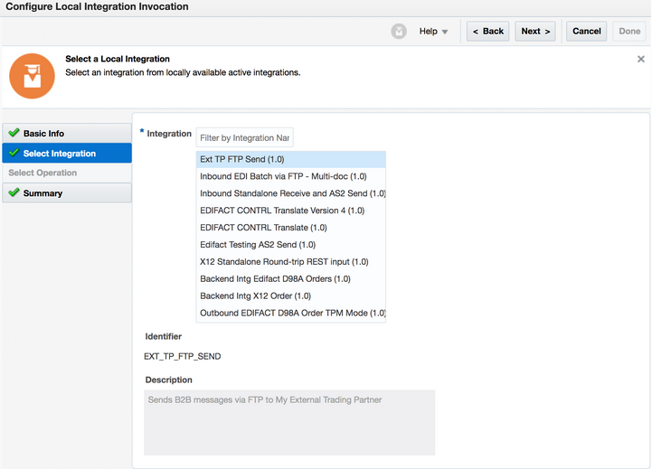 The Select Integration tab of the Configure Local Integration Invocation wizard is shown. The fields shown are Integration (for selecting the integration to invoke), Identifier, and Description.