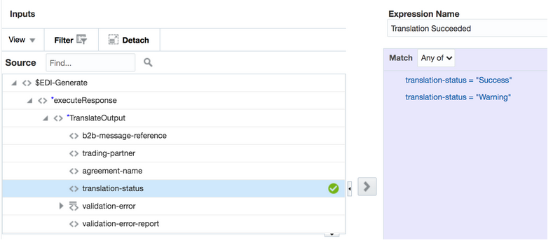 The switch action shows the Inputs section on the left side. The View, Filter, and Detach elements are displayed. Below this is the Find field and Source icon. Below this is the Source section. The translation-status element has been selected. On the right is the Expression Name field, with a value of Translation Succeeded. Below this is the Match list with a value of Any of selected. Below this are entries for translation-status = "Success" and translation-status = "Warning."