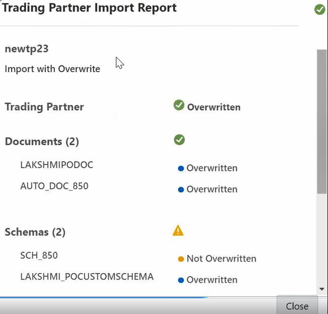 The Trading Partner Import Report includes the trading partner name, and sections for Trading Partner (Overwritten), Documents, and Schemas.