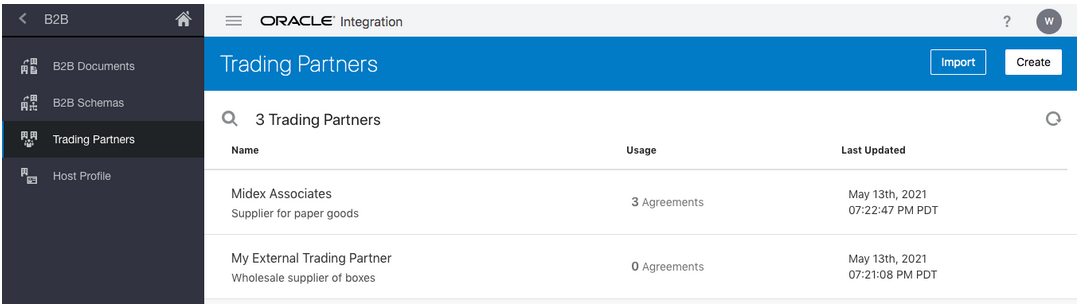 The left navigation menu shows B2B Documents, B2B Schemas, Trading Partners (selected), and Host Profile. The Trading Partners page shows a table with columns for Name, Usage, and Last Updated. The Import and Create buttons are in the upper right corner.