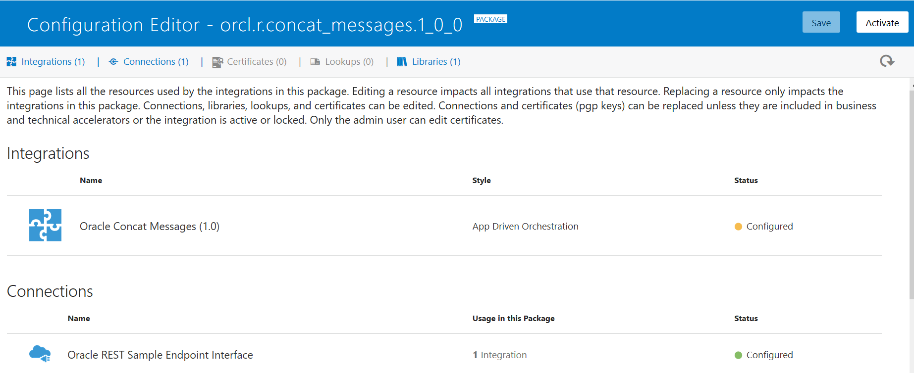 This page shows the Integrations, Connections, Certificates, Lookups, and Libraries links. To the right are the Save and Activate buttons. Below are tables for Integrations and Connections.