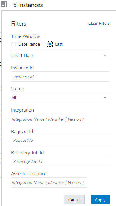 Filters for Time Window, Status, Integration, Request ID, Recovery Job ID, and Asserter Instance