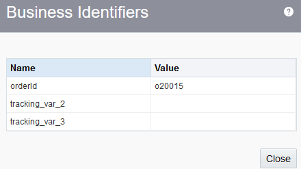 Business Identifiers dialog with Name and Value columns.