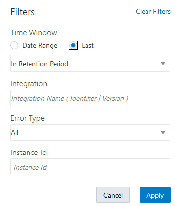 Time Window, Integration, Error Type, and Instance Id categories