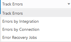 List options are Track Errors, Errors by Integration, Errors by Connection, and Error Recovery Jobs.