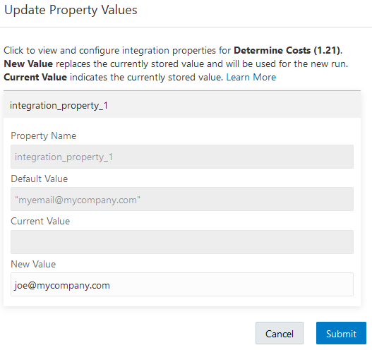 Dialog with Property Name, Default Value, Current Value, and New Value fields.