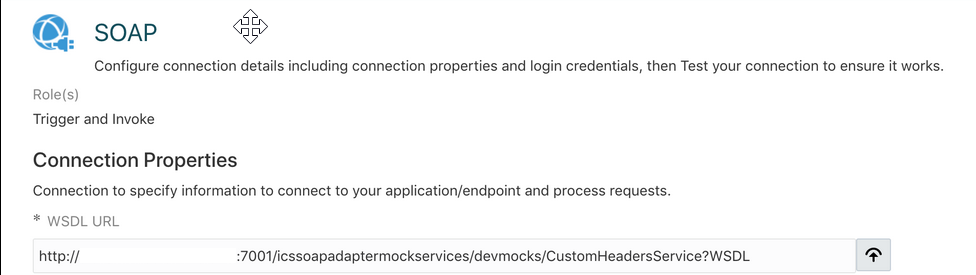 WSDL with header specified in the WSDL URL field of the Connection Properties section of the Connections page