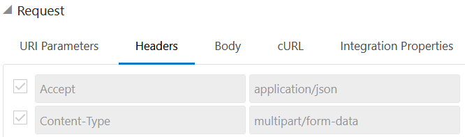The Headers tab is selected to show entries for application/json and multipart/form-data.