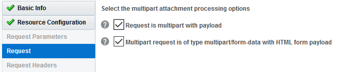 REST Adapter Request Page with the Request is multipart with payload option and Multipart request is of type multipart/form-data with HTML form payload option selected.