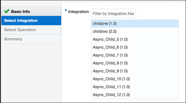 The Select Integration page shows the Integration list. The childone integration is selected.