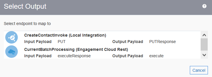 The Select Output dialog, which lists the endpoints to map to and a Cancel button at the bottom.