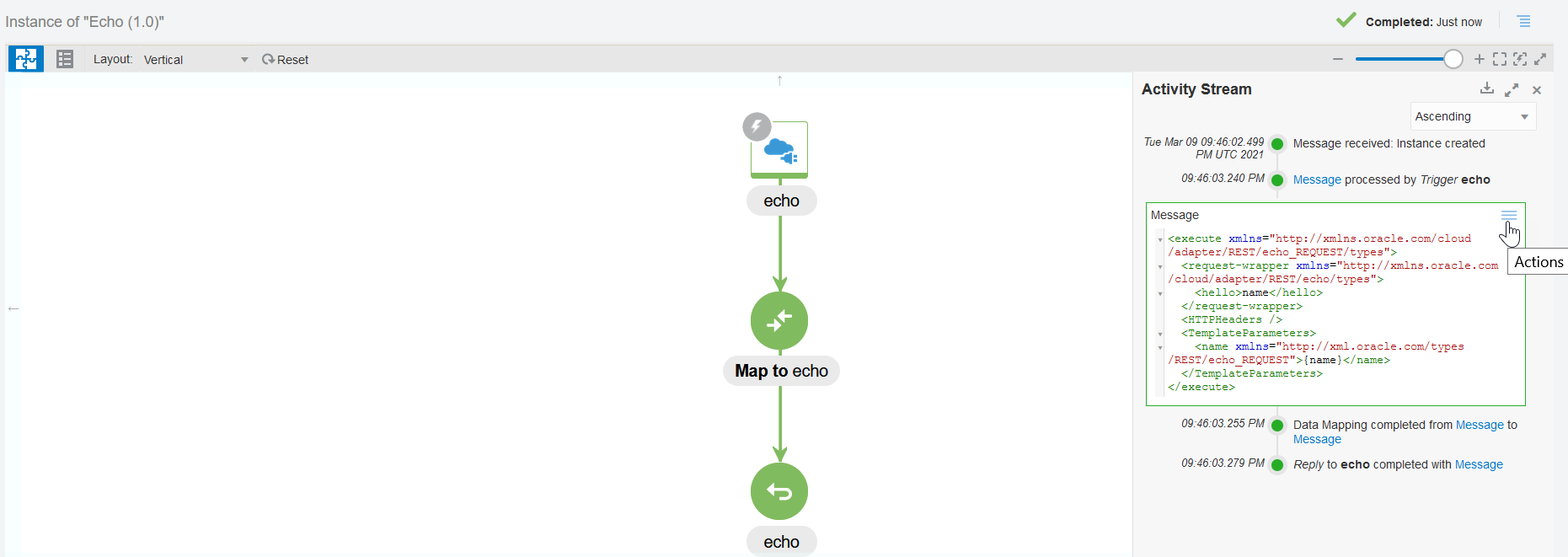 The activity stream of a successful instance. The stream drawer is displayed on the right. Each step in the integration flow is indicated by a green dot. The Message link is clicked to show more specific message details.