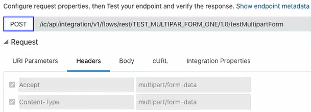 POST operation is shown at the top. Below this the Headers tab in the Request section is selected to show two multipart/form-data headers.