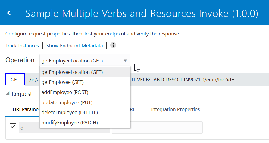 The Track Instances and Show Endpoint Metadata tabs appear at the top. Below this, the available operations are shown for selection in the Operation list.