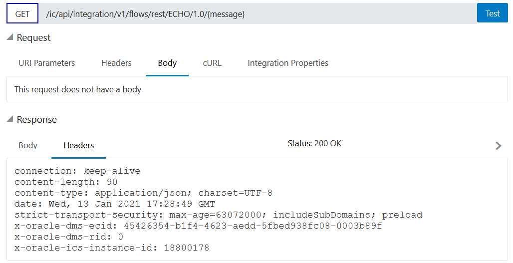 Response section with Body, Headers, and Status subsections. Headers is selected. Header details in the message are displayed.