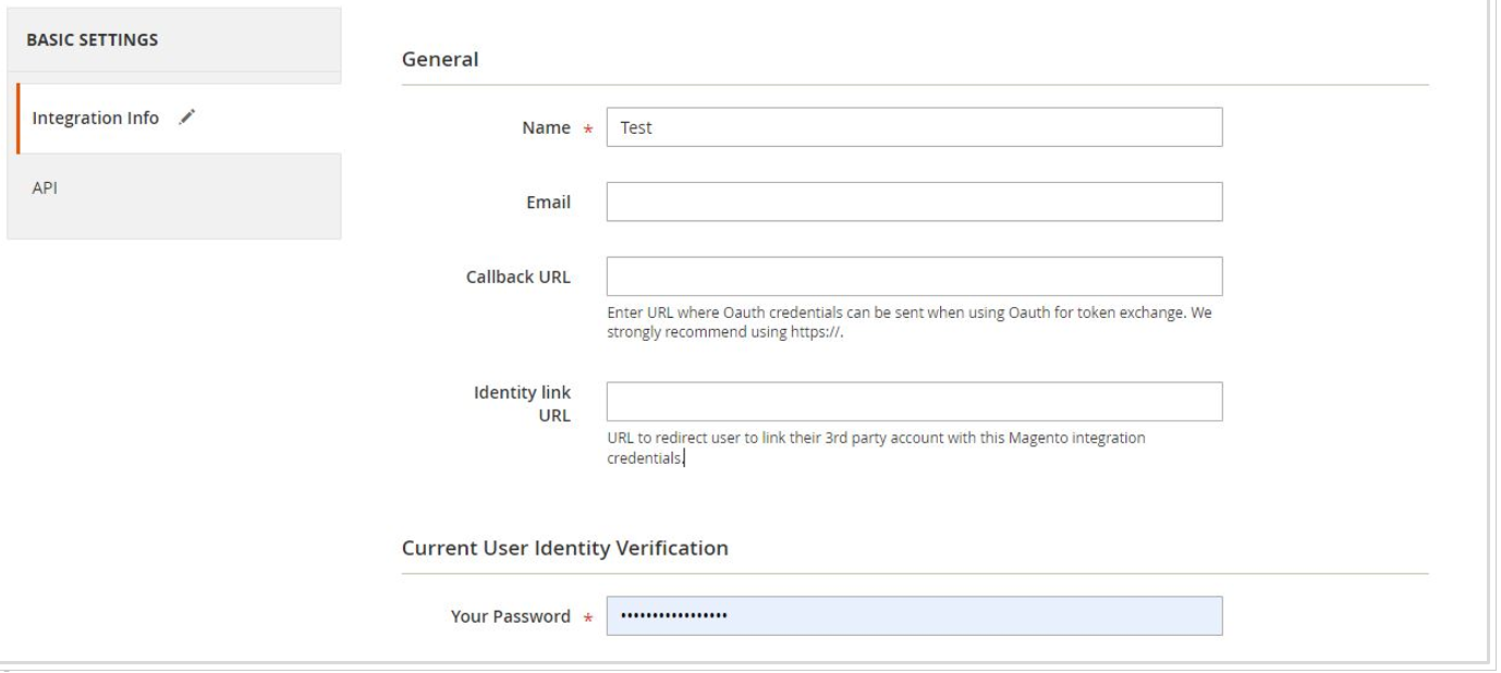 The Integration Info tab is selected in the left navigation pane. In the General section are the Name, Email, Callback URL, and Identity link URL fields. Below this in the Current User Identity Verification section is the Your Password field.