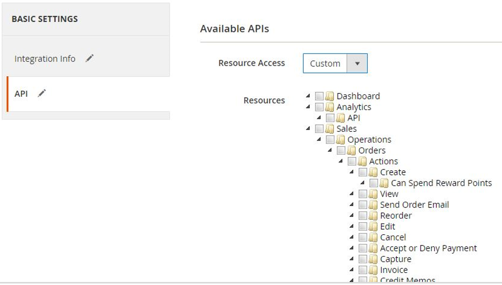 The API option is selected under Basic Settings in the left navigation pane. To the right, the Available APIs section is shown. Custom is selected in the Resource Access list. Below this the Resources tree is expanded to show the available resources.