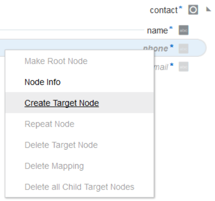 The phone element has been right-clicked to display enabled selections for Node Info and Create Target node.