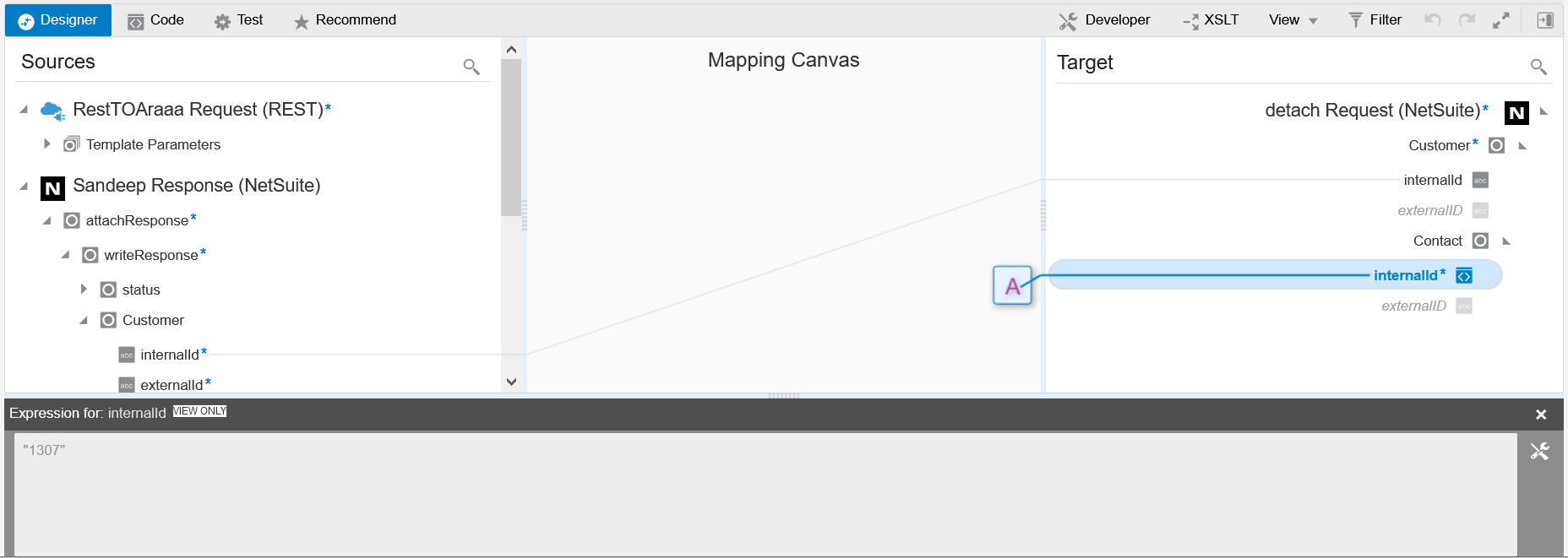 The source element internalId under Customer is mapped to the target element internalId under Customer. Under the target Contact, internalId is selected. An "A" appears to the left, which shows a value of 1307 in the Expression Builder at the bottom.