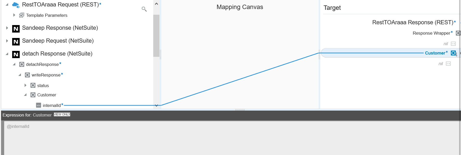 The source internalId under Customer is mapped to the target Customer. A value of @internalId is displayed in the Expression Builder.