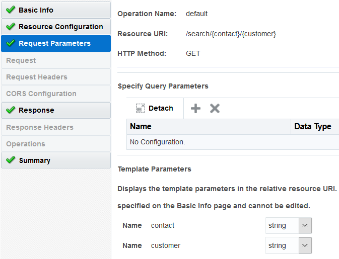 The Request Parameters page shows the following fields: Resource URI, HTTP Method, Specify Query Parameters (with Detach, Add, and Delete buttons), and Template Parameters (with Name contact and Name customer)