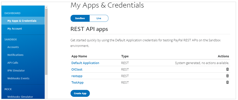 My Apps & Credentials is selected in the left navigation pane. The Create App link appears in the REST API apps section.