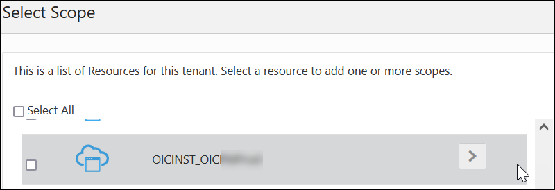 Select Scope page shown with resources for this tenant. A table in which you can select the resource (application) and click the > icon is displayed.