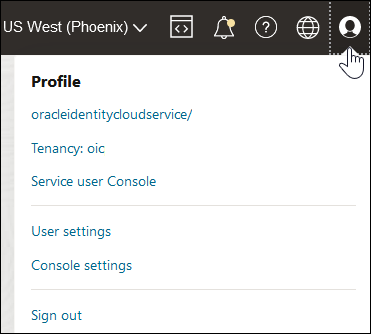 The Profile icon is selected to show the Profile menu. This menu includes links for oracleidentitycloudservice/, Tenancy, Service user Console, User settings, Console settings, and sign out.