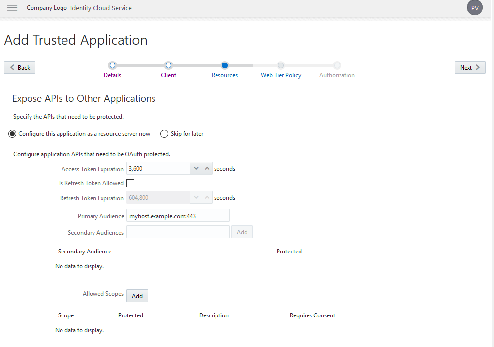 Resources configuration window in the trusted application