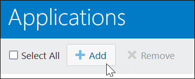 Applications page with Select All, Add, and Remove buttons. The cursor is hovering over the Add button and the tooltip Create an Application is being displayed.