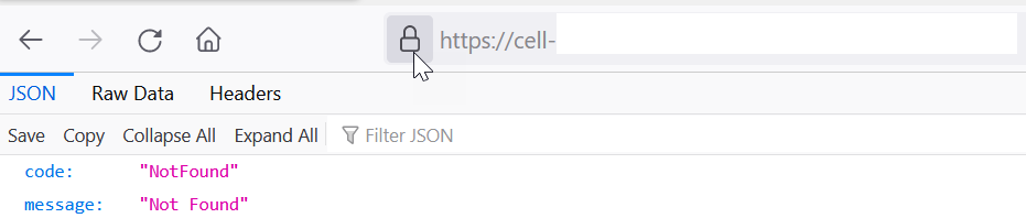 The lock icon is being selected to the right of the URL field. Below are the JSON (which is selected), Raw Data, and Headers tabs. Below are the Save, Copy, Collapse All, Expand All, and Filter JSON buttons. Below that are the code not found and message not found entries.
