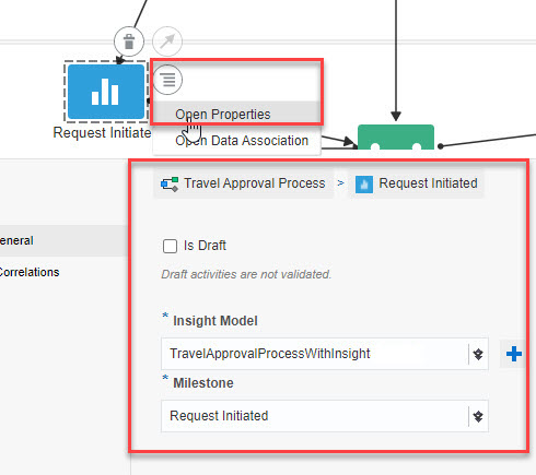 Properties pane for Insight element in structured process editor