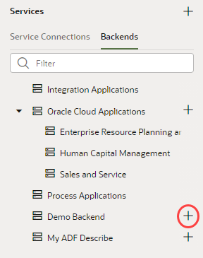 Image shows a list of custom backends in the Backends tab. The + sign next to the Demo Backend custom backend is highlighted.