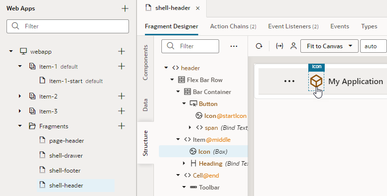 Image shows a web application's shell-header fragment open in the Page Designer. The Icon component in the header is selected