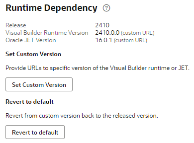 Runtime Dependency section when a custom version is set. The option to Revert to default is enabled.