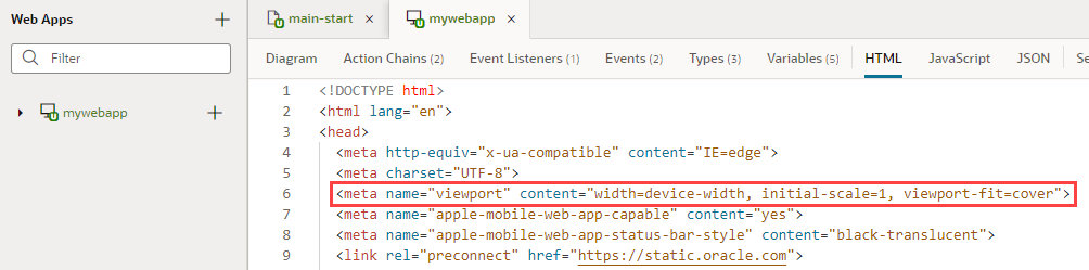 View of the HTML editor for mywebapp, with the name and content meta tags highlighted