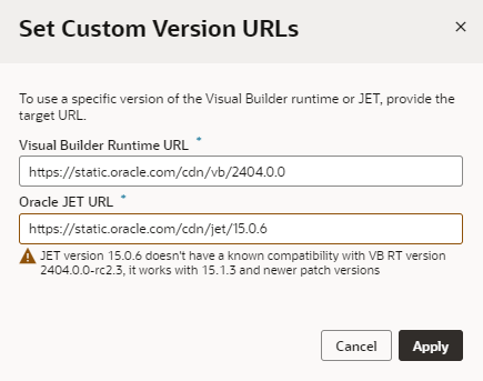 Set Custom Version URLs dialog