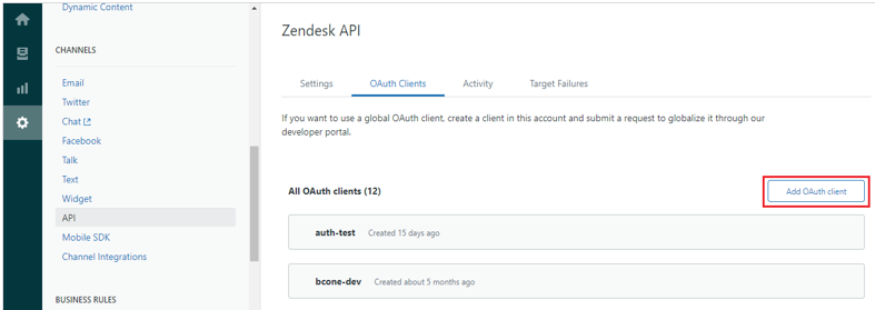 In the left navigation pane, API is selected. In the middle of the page, the Zendesk API section is shown. The OAuth Clients tab is selected. The Add OAuth Client button appears on the lower right, and is highlighted.