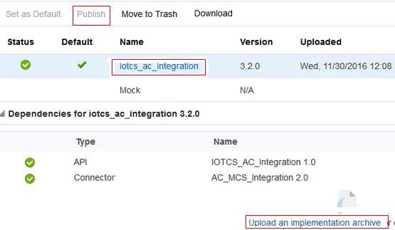 The upload status of an implementation archive