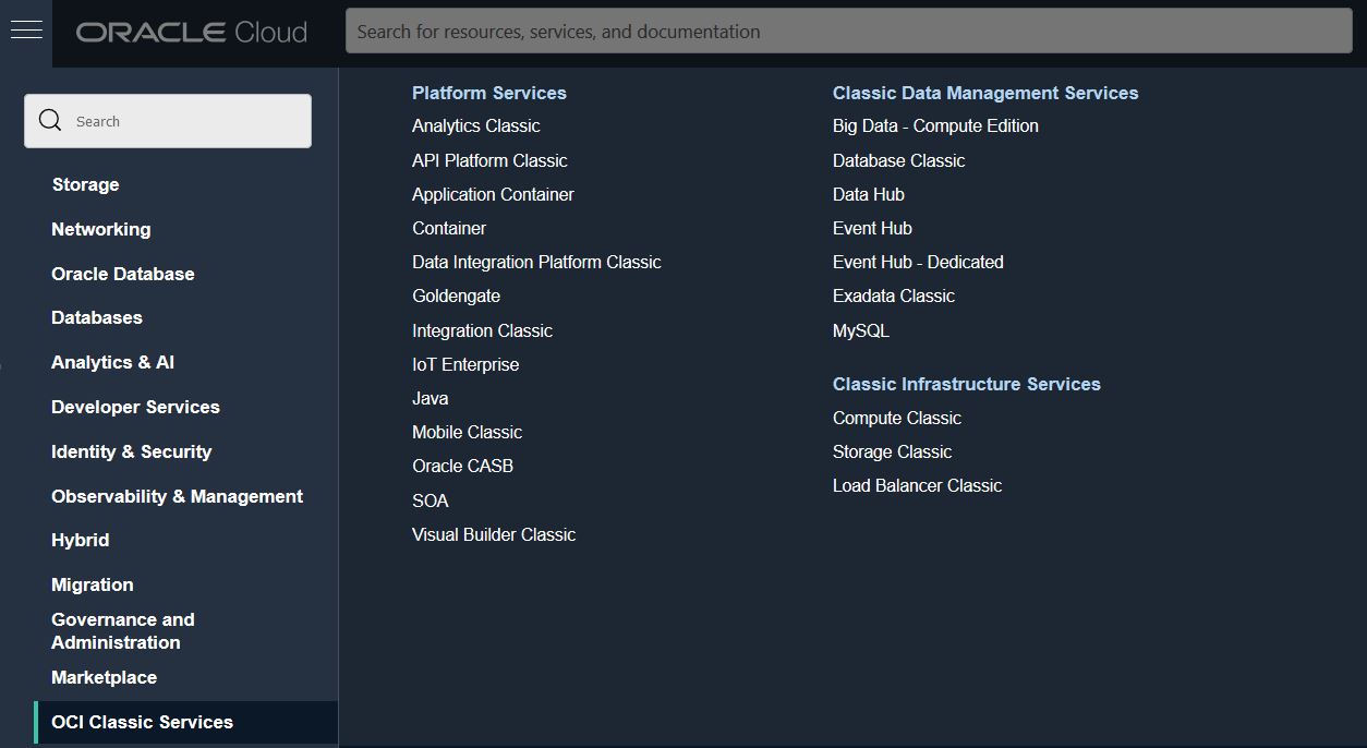 Description of oci_console_platform_menu_new.jpg follows