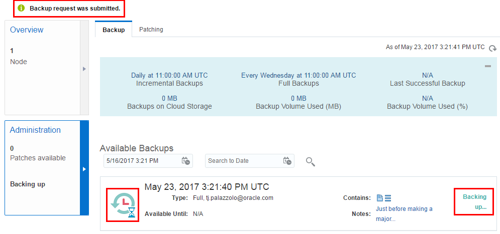 Oracle Java Cloud Service instance Backup page showing a backup in progress