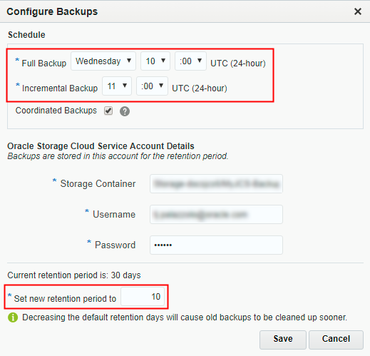 Configure Backups dialog box showing the optons set for this tutorial