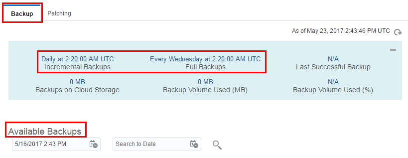 Oracle Java Cloud Service instance Backup page