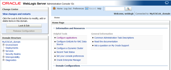WebLogic Server Administration Console home page