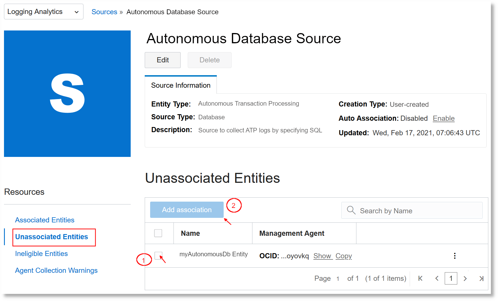 Assocaite autonomous database entity and source