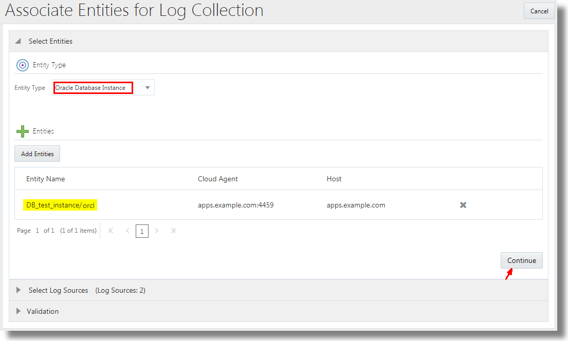 Associate Entities for Log Collection page
