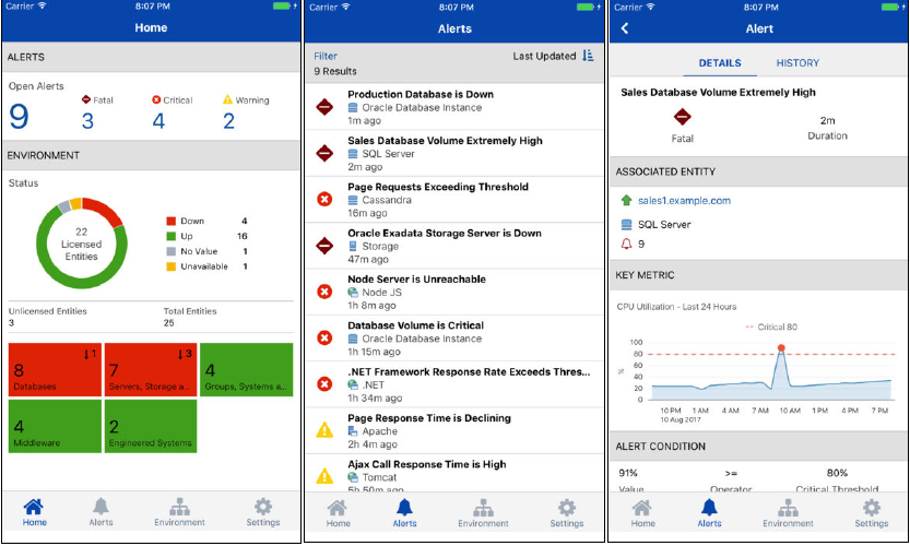 Graphic shows home and alert pages of the Oracle Management Cloud mobile app.