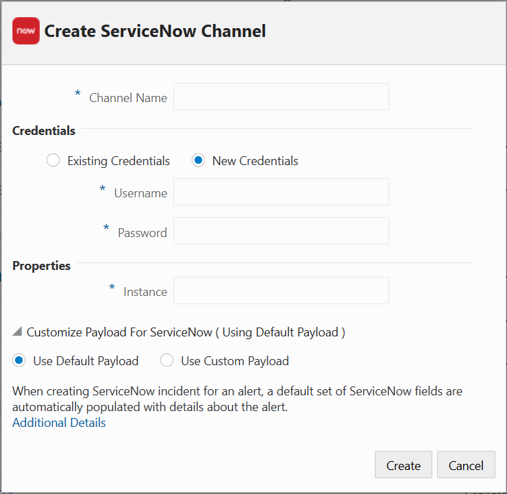 ServiceNow Notification Channel dialog.