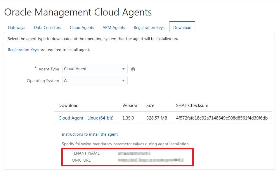 This image shows Tenant Name and OMC URL when downloading a cloud agent.